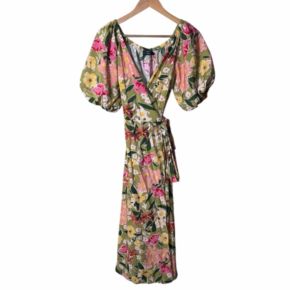 Vici Floral Puff Sleeve Wrap Midi Dress Size Small - Picture 3 of 10
